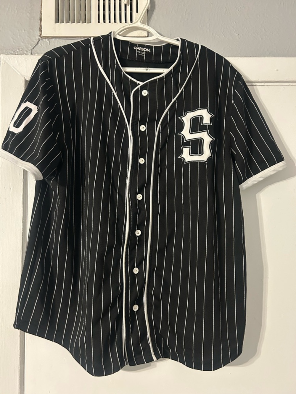 Carbon Black Pinstripe Baseball Jersey with White 'S' Patch